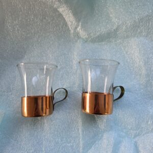 Vintage Turkish Tea Glass Set Copper Holders Clear Glass Handcrafted 2pcs Used
