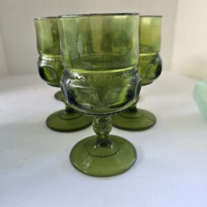 Vintage Green Pressed Glass Goblets Thumbprint Set of 3 4–5in Used