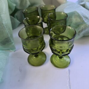 Vintage Green Pressed Glass Goblets Set of 6 Small Wine Cordials Used