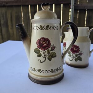 Vintage Ceramic Coffee Pot Rose Floral Design Cream 8–10" Used Mid-Century