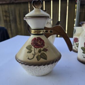 Vintage Ceramic Pitcher Heart Lid Rose Design Wood Handle 8-10in Used