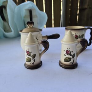 Vintage Ceramic Rose Salt & Pepper Shakers Set Mug Sugar Bowl Ivory Used