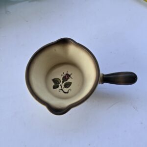 Vintage Ceramic Saucepan Floral Beige 5" Dual Spout Handle Used Cookware