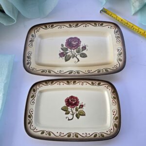 Vintage Rectangular Rose Serving Plates 10" Ceramic Set of 2 Used Floral