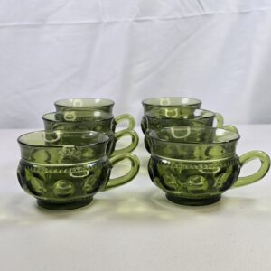 Vintage Green Pressed Glass Coffee Cups Set of 6 Handles Mid Century