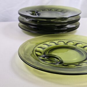 Vintage Olive Green Pressed Glass Plates Set of 6 Textured Mid Century