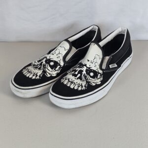 Vans Classic Slip-On Skull Graphic Canvas Shoes Black White Used Sneakers