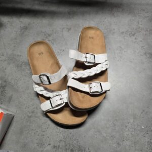 Women's White Buckle Strap Sandals Slip-On Faux Leather Size 9/9.5 Flat Used