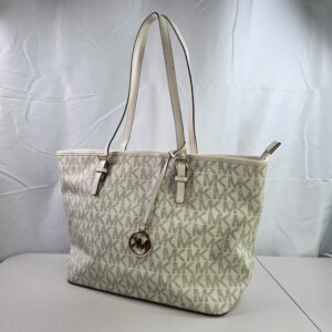 Michael Kors Signature Logo Tote Bag White Gold Hardware