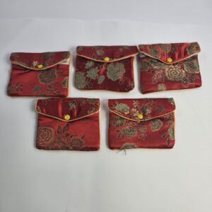 Red Brocade Fabric Pouch Set Gold Floral Pattern Drawstring Substitute 5 Pcs