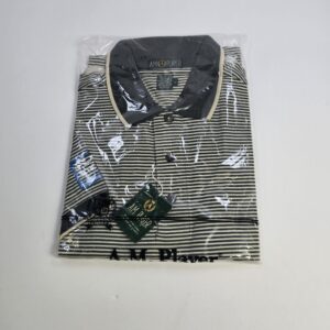 A M Player Men's L Polo Shirt Black White Striped Dark Gray Collar Made in Korea