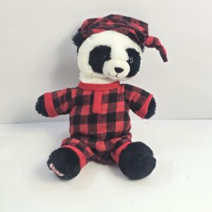 Stuffed Panda Plush Toy in Plaid Pajamas with Nightcap – Black White Red