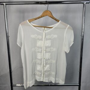 Women's White Short Sleeve Embroidered Blouse with Sheer Shoulder Panel